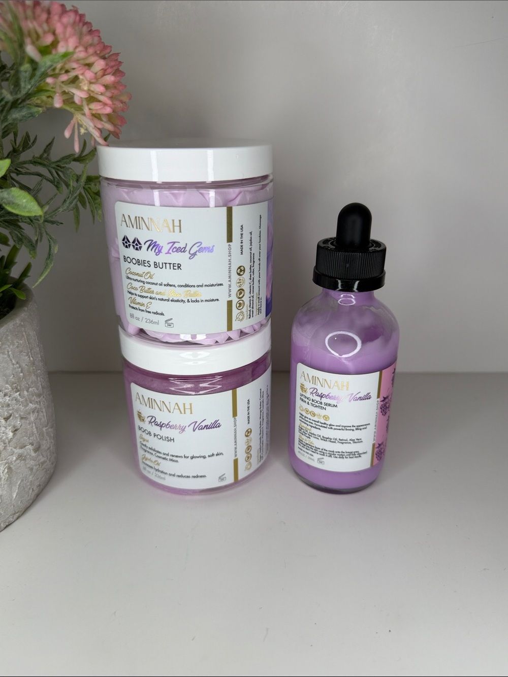 AMINNAH Raspberry Vanilla Whipped Body Butter, Sugar Polish & Serum